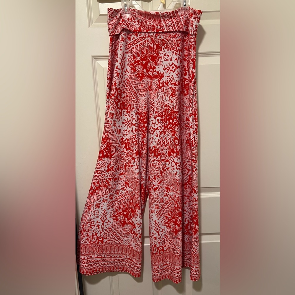 New Directions High-Waist Fold-over Red & White Printed Wide-Leg  Pants